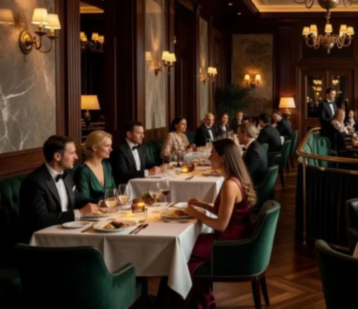 Cinematiczne ujęcie eleganckiej sali restauracyjnej z kartami, żetonami i wykwintnymi daniami w Velastrolina