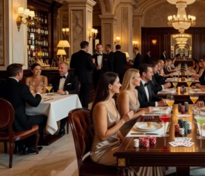 Goście przy eleganckich stołach do gier kasynowych w restauracji Velastrolina