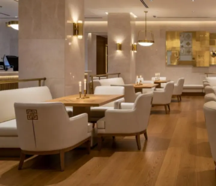 Eleganckie wnętrza restauracji inspirowane luksusowym kasynem z kamieniem, drewnem dębowym i designerskim oświetleniem